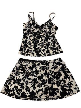 Island Escape Women's Black White Floral Print Tankini swim Skirt set NWT Sz 12